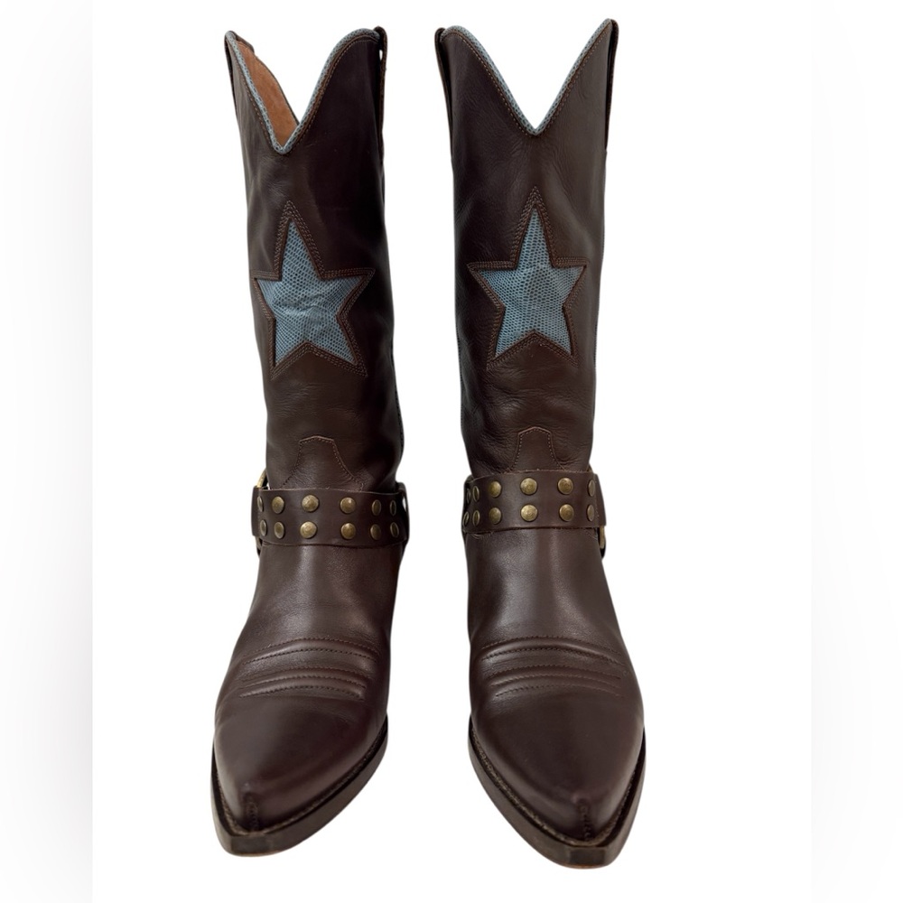 Fornarina Boots Western Cowboy Boots Brown Leather Blue Star Harness Size 37